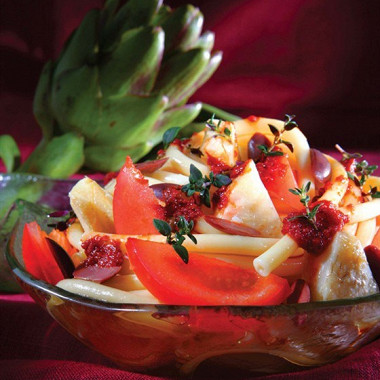 Рецепт Макароны с артишоками, оливками и запеченными томатами