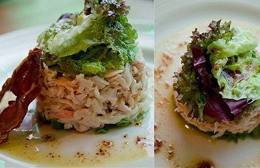 Рецепт Салат из авокадо и крабового мяса под кедровым соусом с гренкой из хамона
