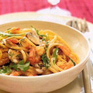 Рецепт Паста с креветками и шампиньонами в сливочно-горчичном соусе
