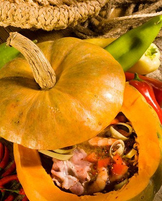 Печеная тыква с тушеным мясом